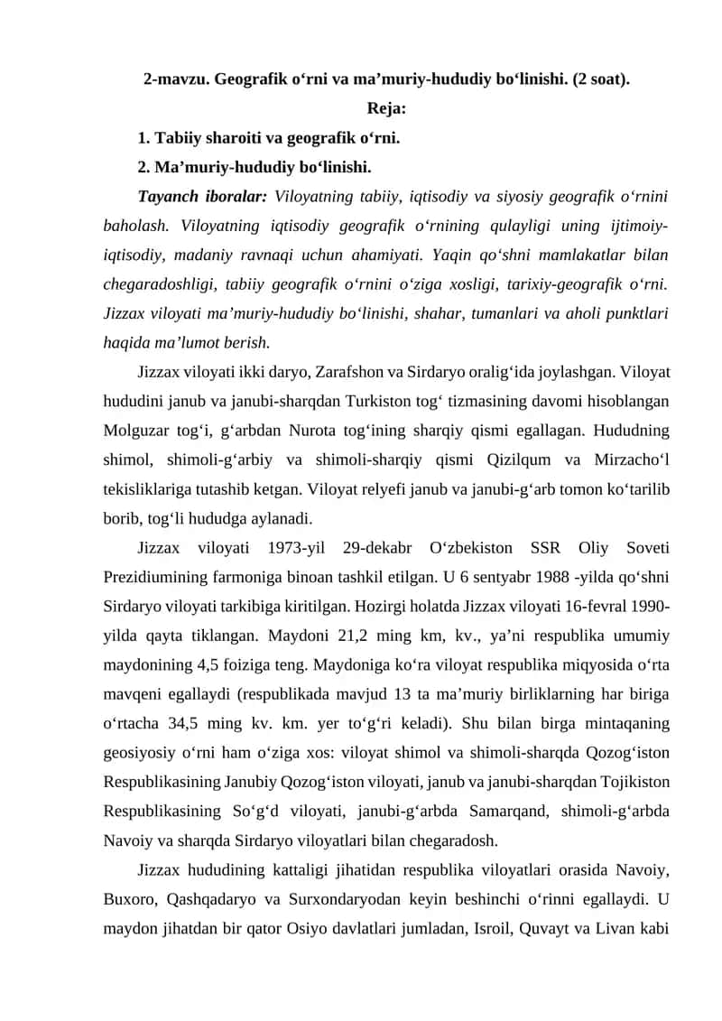 Jizzax viloyati geografik tavsifi 1