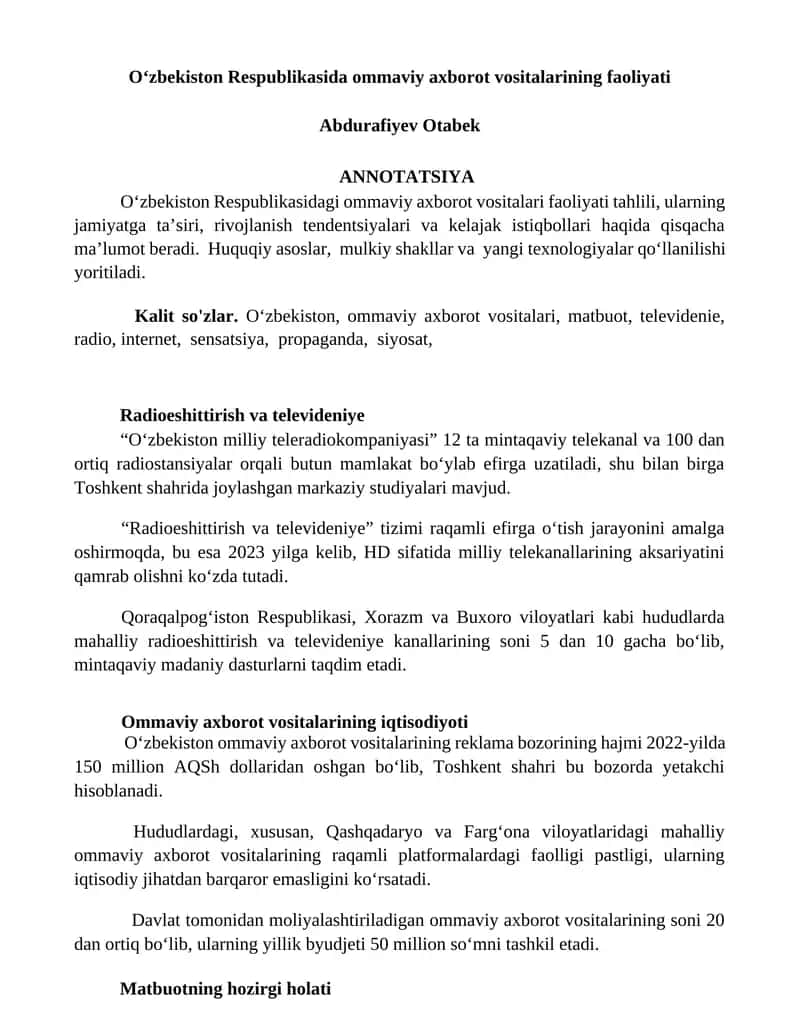 Ommaviy axborot vositalarining faoliyati 1