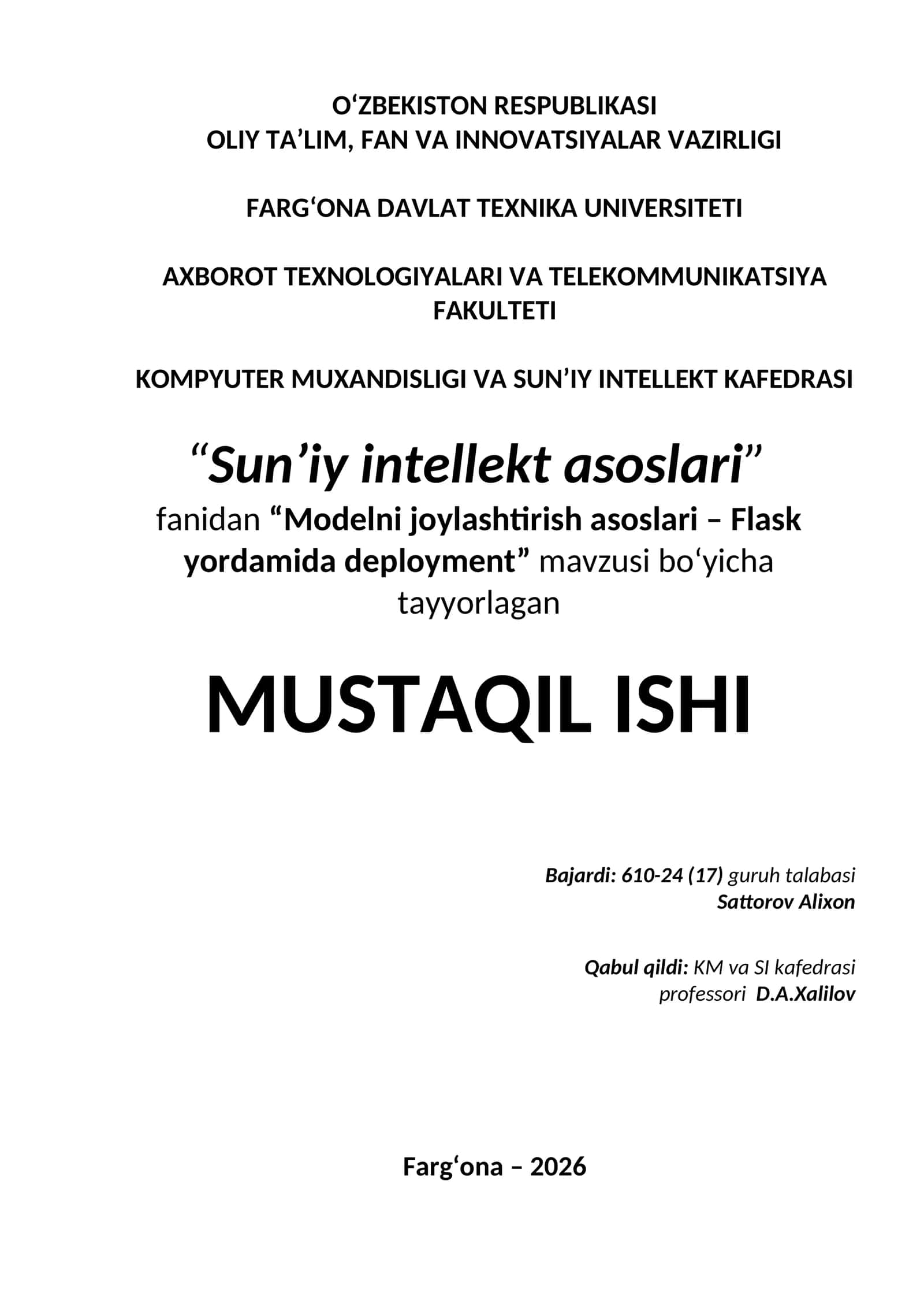 Modelni joylashtirish asoslari – Flask yordamida deployment 1