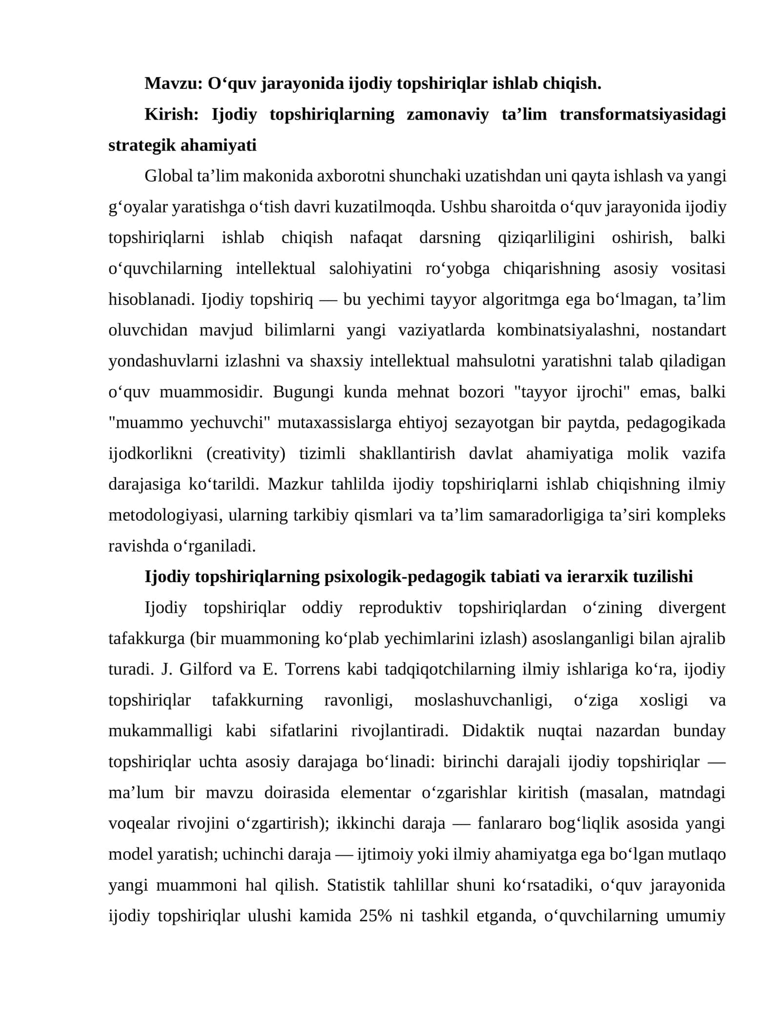 O‘quv jarayonida ijodiy topshiriqlar ishlab chiqish 1
