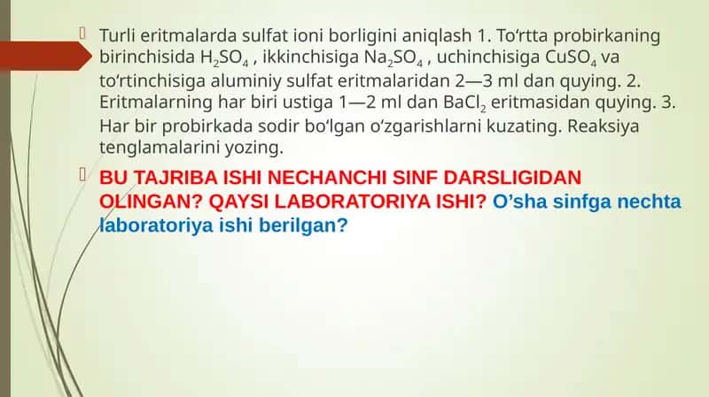 Turli eritmalarda sulfat ioni borligini aniqlash 1