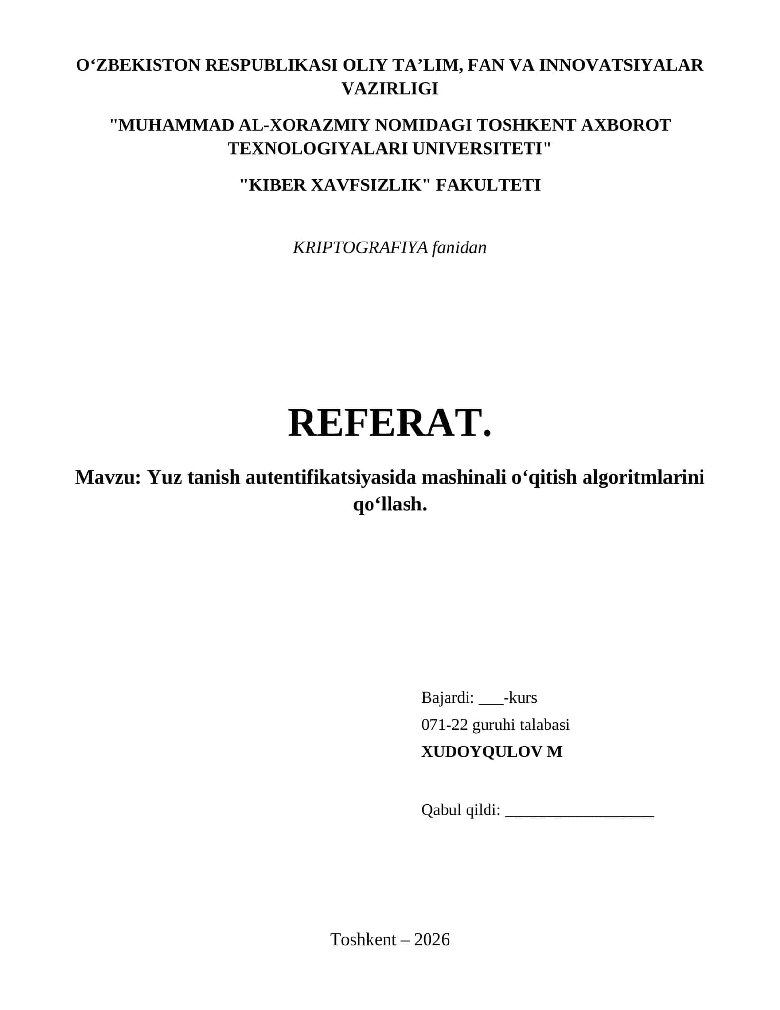 Yuz tanish autentifikatsiyasida mashinali o‘qitish algoritmlarini qo‘llash. 1