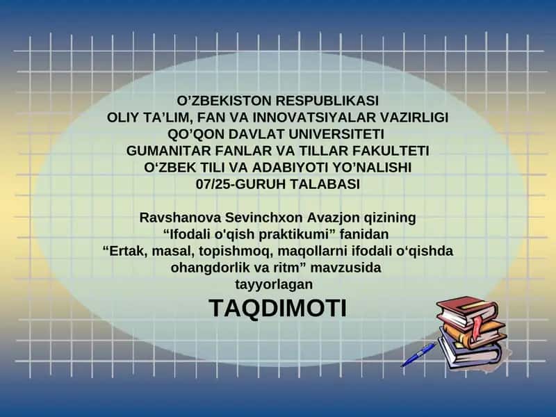 Ertak, masal, topishmoq, maqollarni ifodali o‘qish 1