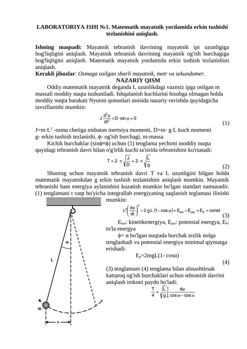 Matematik mayatnik yordamida erkin tushishi tezlanishini aniqlash. 1