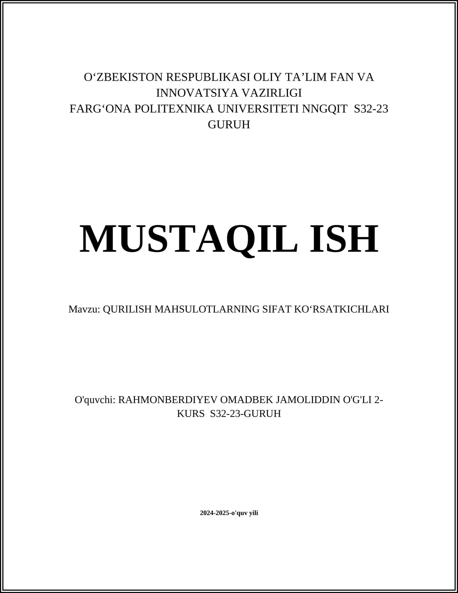 QURILISH MAHSULOTLARNING SIFAT KOʻRSATKICHLARI 1