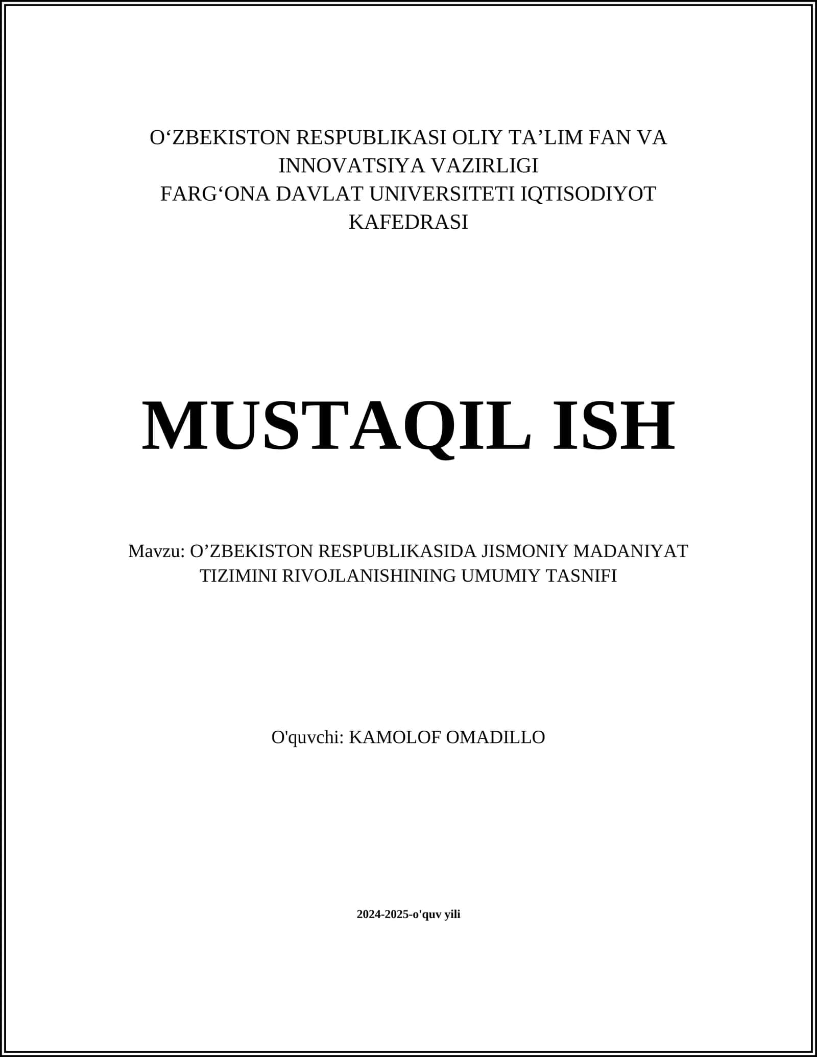 OʼZBEKISTON RESPUBLIKASIDA JISMONIY MADANIYAT TIZIMINI RIVOJLANISHINING UMUMIY TASNIFI 1
