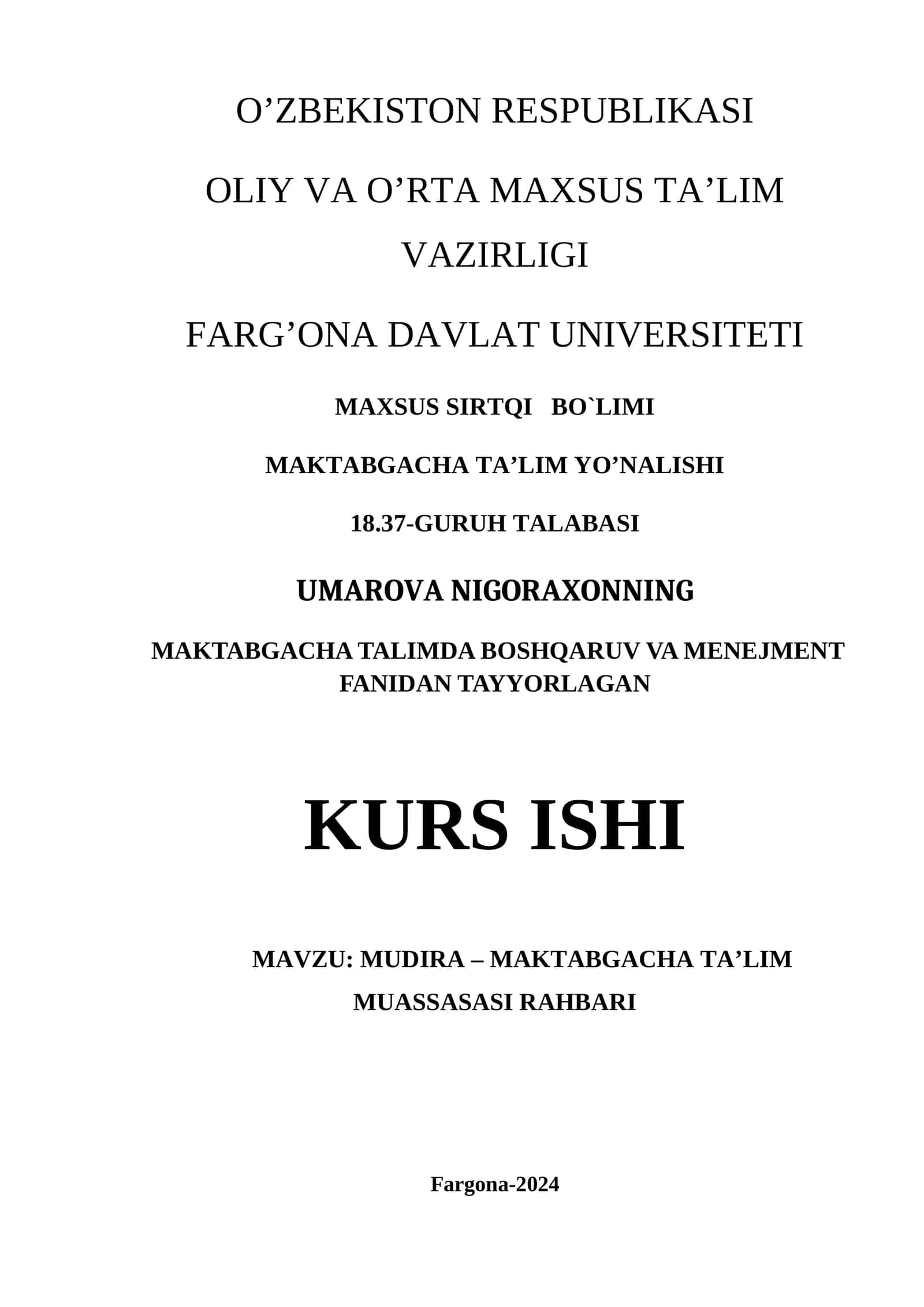 Mudira – maktabgacha ta’lim muassasasi rahbari sifatida kurs ishi 1