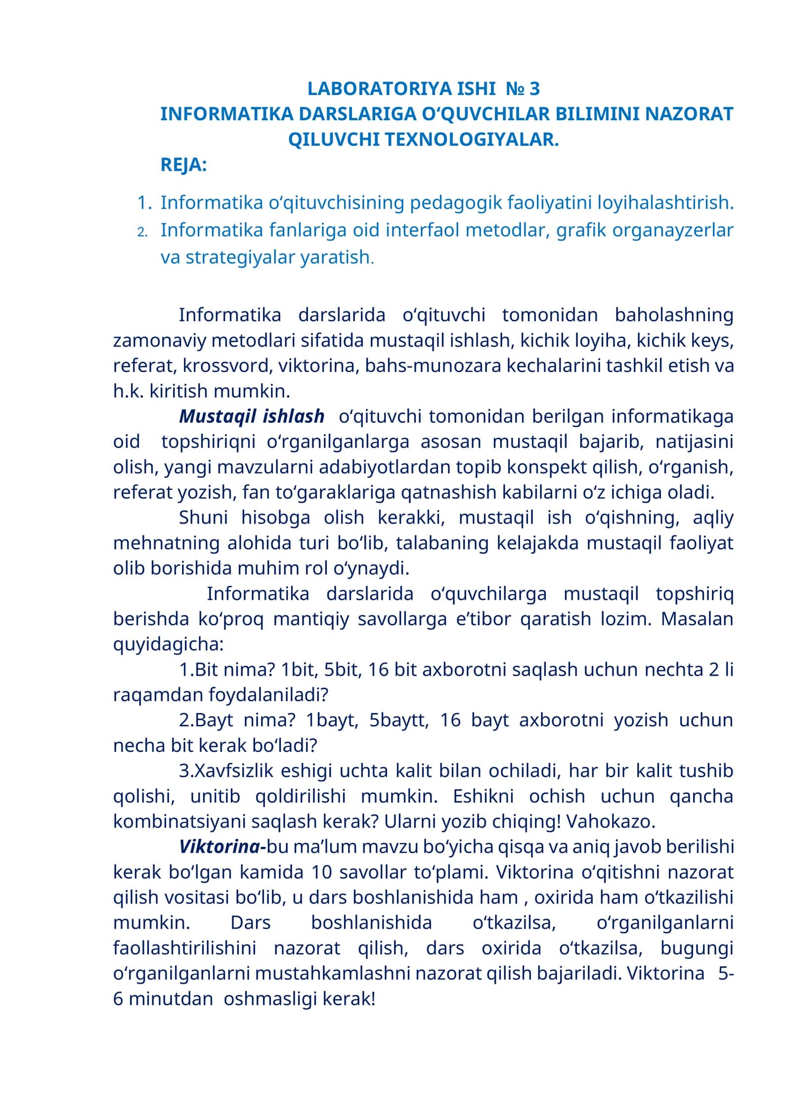 INFORMATIKA DARSLARIGA O‘QUVCHILAR BILIMINI NAZORAT QILUVCHI TEXNOLOGIYALAR 1