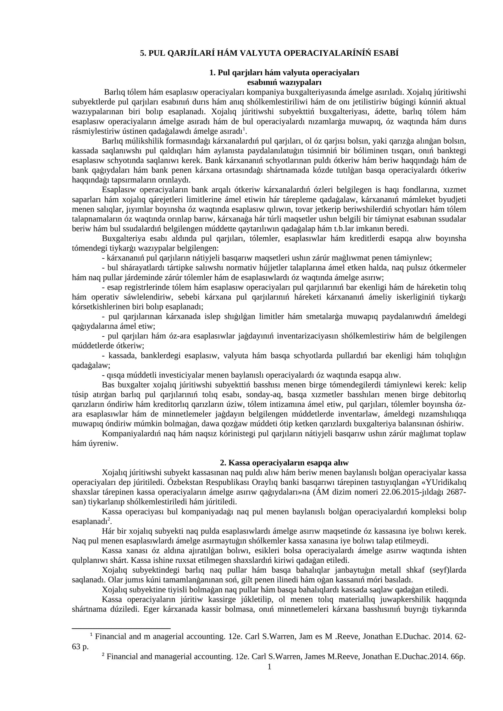 PUL QARJÍLARÍ HÁM VALYUTA OPERACIYALARÍNÍŃ ESABÍ 1