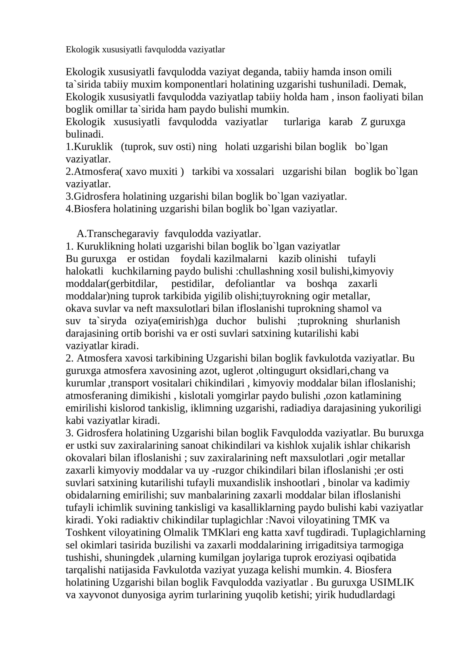Ekologik xususiyatli favqulodda vaziyatlar 1