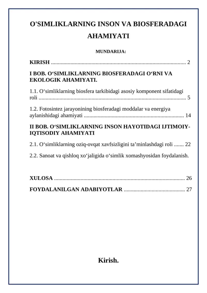 O'SIMLIKLARNING INSON VA BIOSFERADAGI AHAMIYATI. 1