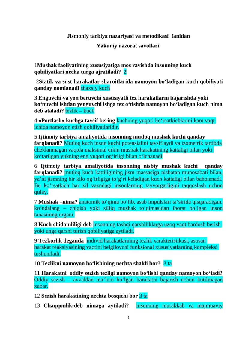 Jismoniy tarbiya nazariyasi va metodikasi fanidan 1