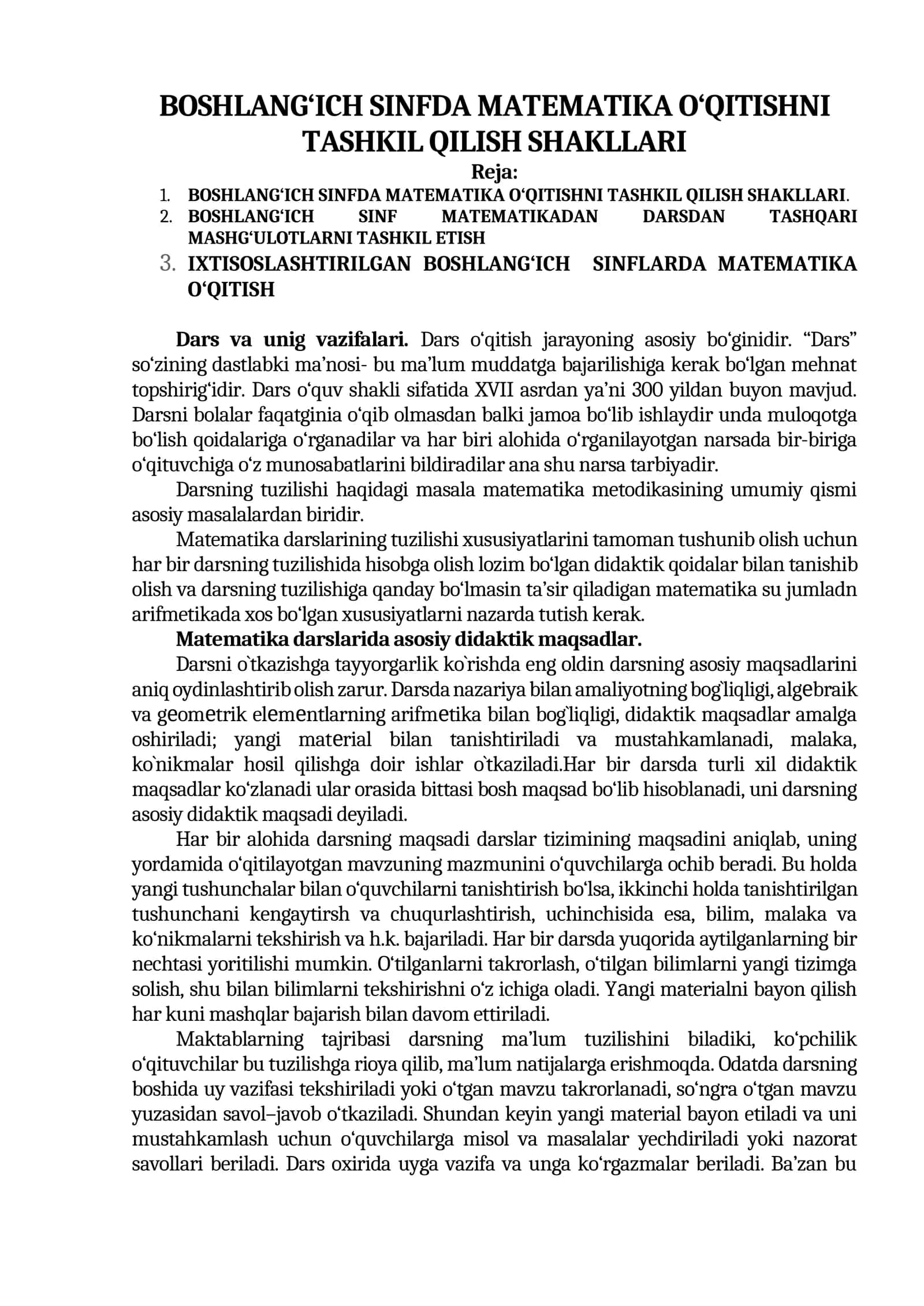 BOSHLANG‘ICH SINFDA MATEMATIKA O‘QITISHNI TASHKIL QILISH SHAKLLARI 1