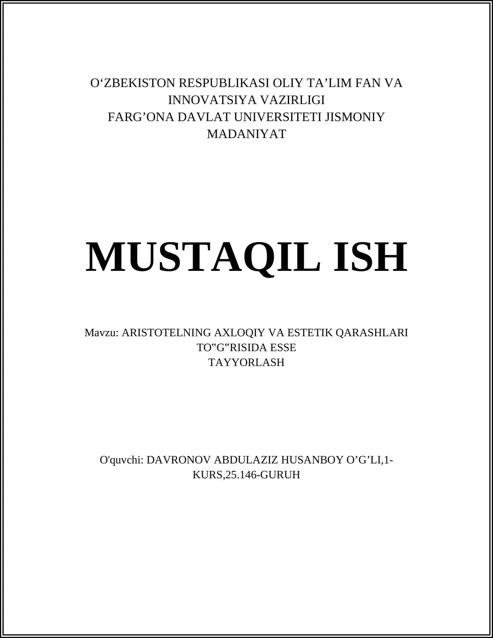 ARISTOTELNING AXLOQIY VA ESTETIK QARASHLARI TO‟G‟RISIDA ESSE TAYYORLASH 1