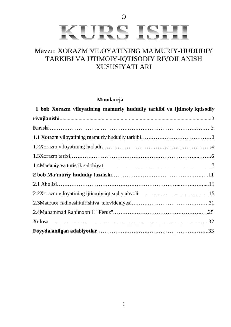 XORAZM VILOYATINING MA'MURIY-HUDUDIY TARKIBI VA IJTIMOIY RIVOJLANISH XUSUSIYATLARI 1