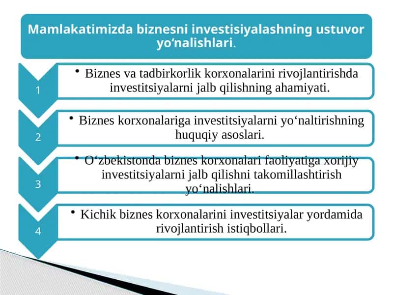 Mamlakatimizda biznesni investisiyalashning ustuvor yo‘nalishlari 1