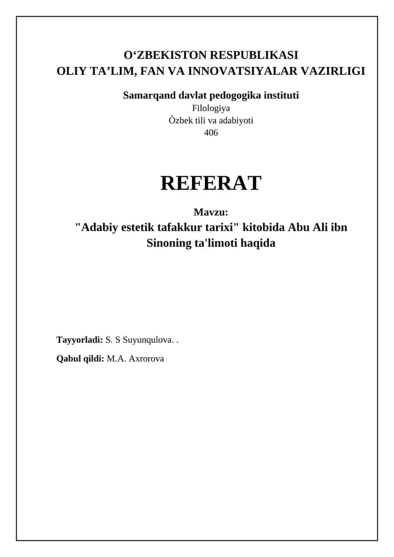 "Adabiy estetik fikr tarixi" kitobida Abu Ali ibn Sinoning ta'limoti haqida 1