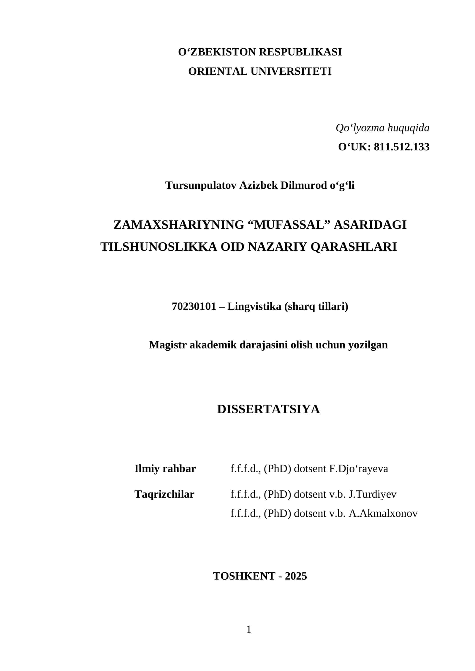 Zamaxshariynning "Mufassal" asaridagi Tilshunoslikka oid Nazariy Qarashlari 1