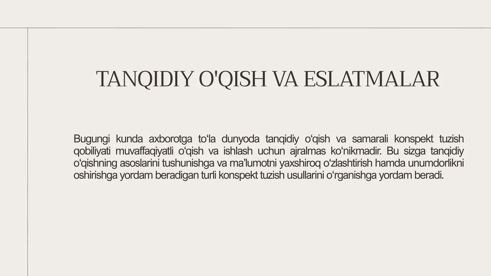 TANQIDIY O'QISH VA ESLATMALAR 1