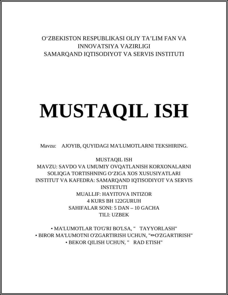 SAVDO VA UMUMIY OVQATLANISH KORXONALARNI SOLIQGA TORTISHNING OʻZIGA XOS XUSUSIYATLARI 1