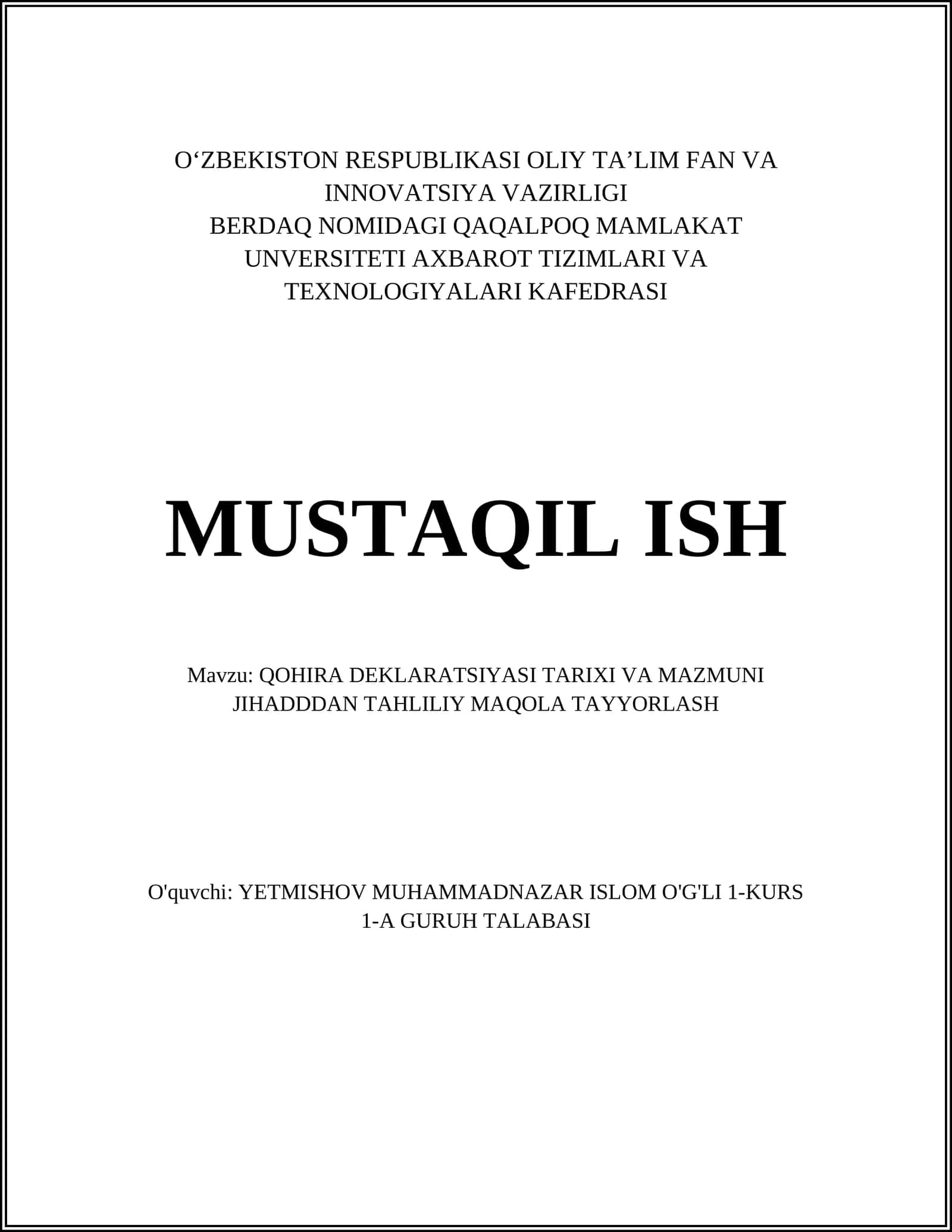QOHIRA DEKLARATSIYASI TARIXI VA MAZMUNI JIHADDDAN TAHLILIY MAQOLA TAYYORLASH 1