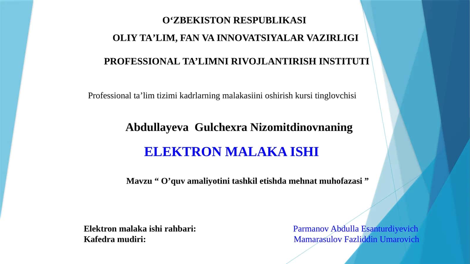 Mavzu“O’quv amaliyotini tashkil etishda mehnat muhofazasi” 1