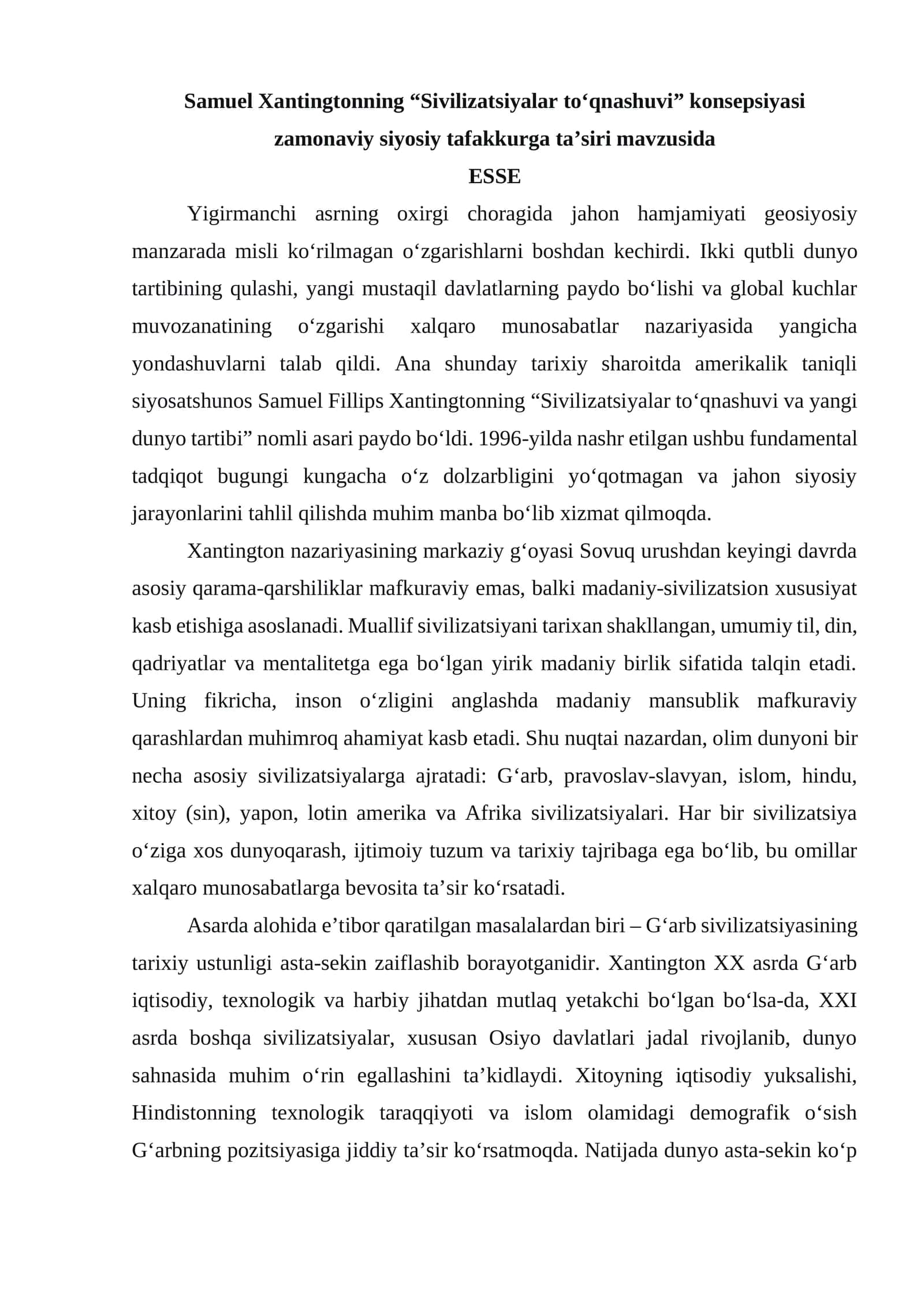 Samuel Xantingtonning “Sivilizatsiyalar to‘qnashuvi” konsepsiyasi zamonaviy siyosiy tafakkurga ta’siri 1