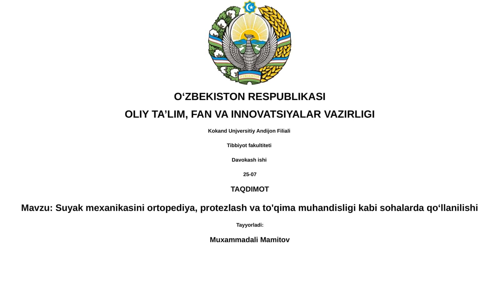 Suyak mexanikasini ortopediya, protezlash va to'qima muhandisligi kabi sohalarda qoʻllanilishi 1