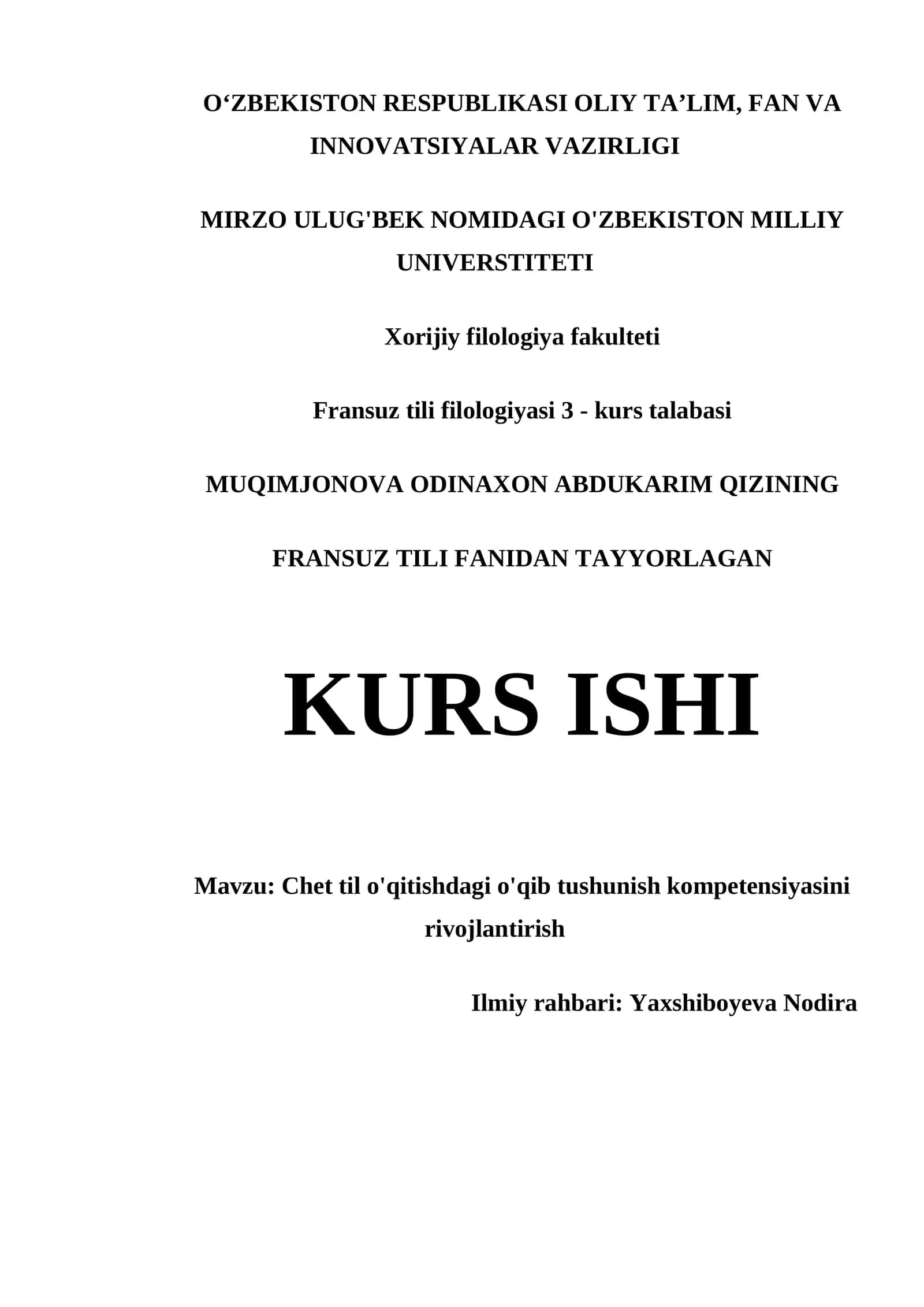 FRANSUZ TILI FANIDAN TAYYORLAGAN KURS ISHI 1