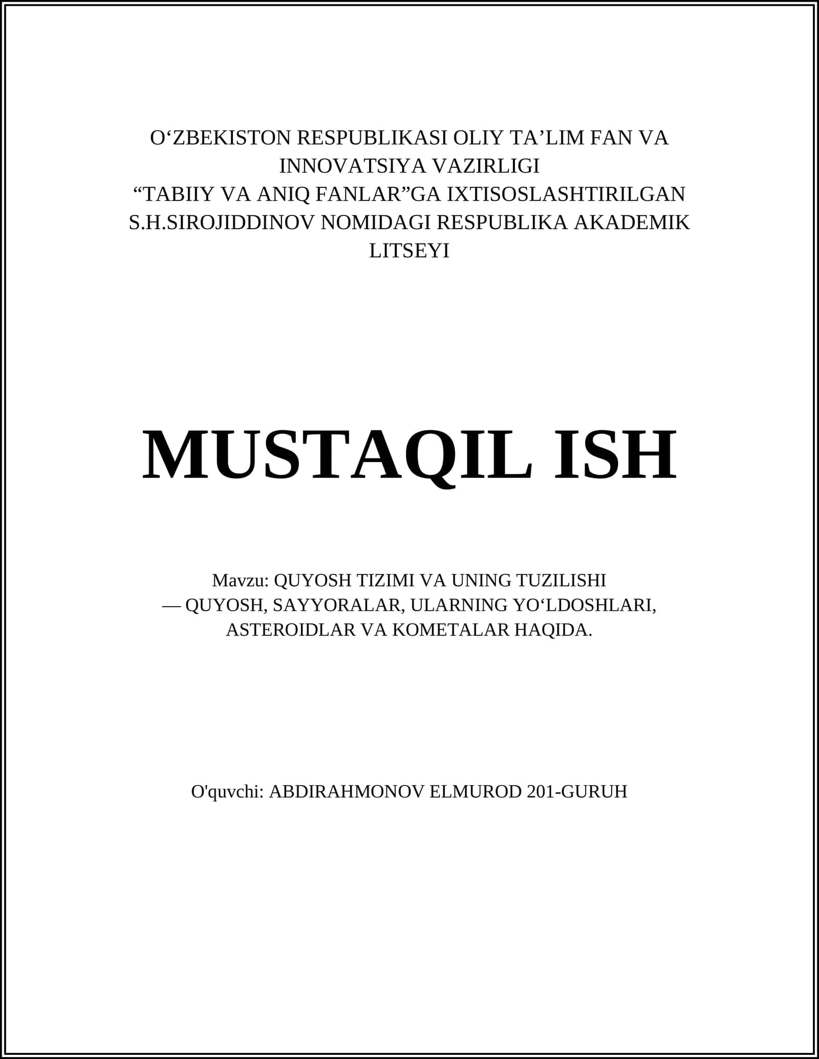 QUYOSH TIZIMI VA UNING TUZILISHI 1