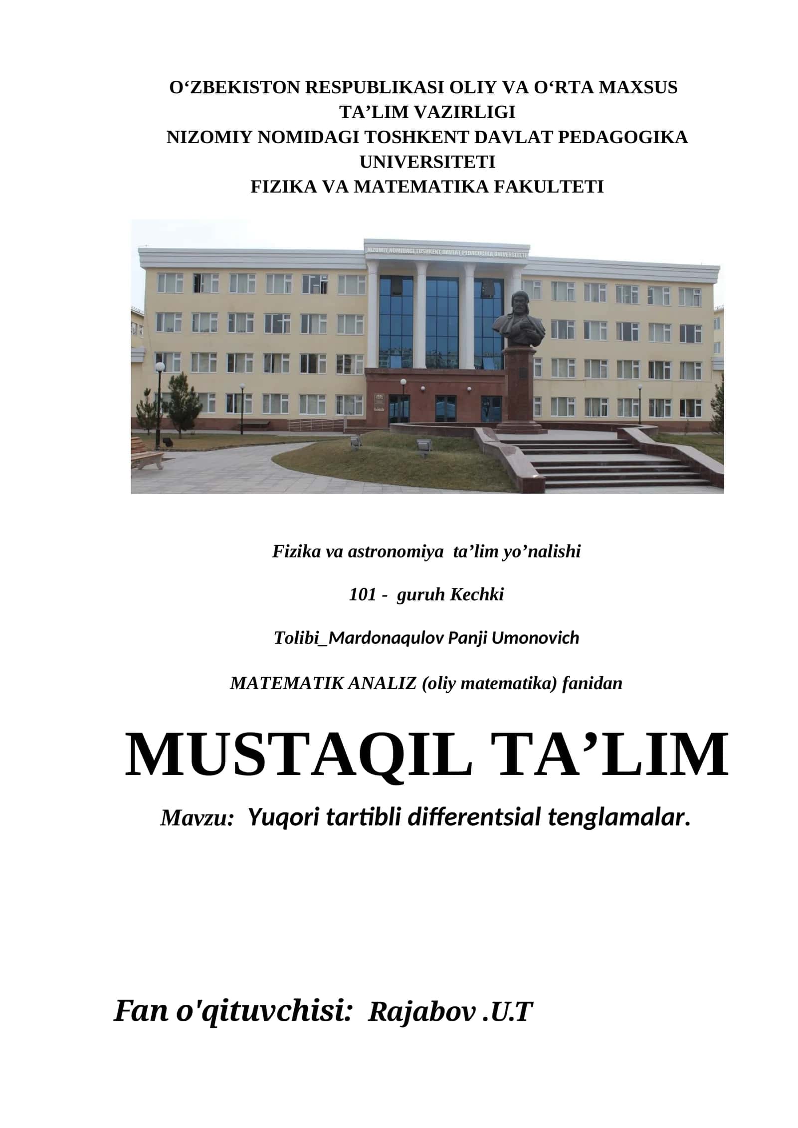 Yuqori tartibli differentsial tenglamalar 1