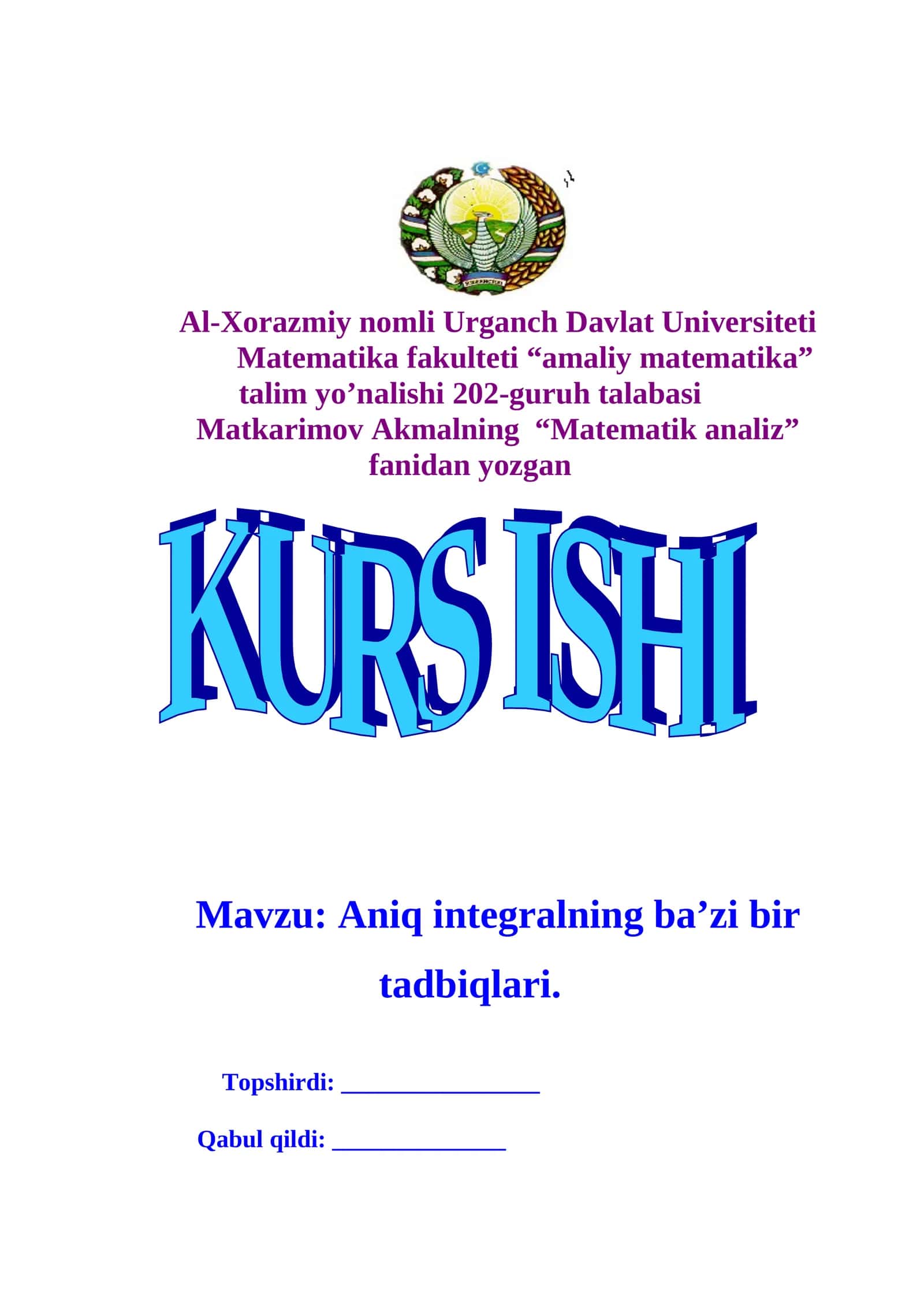 Aniq integralning ba’zi bir tatbiqlari 1