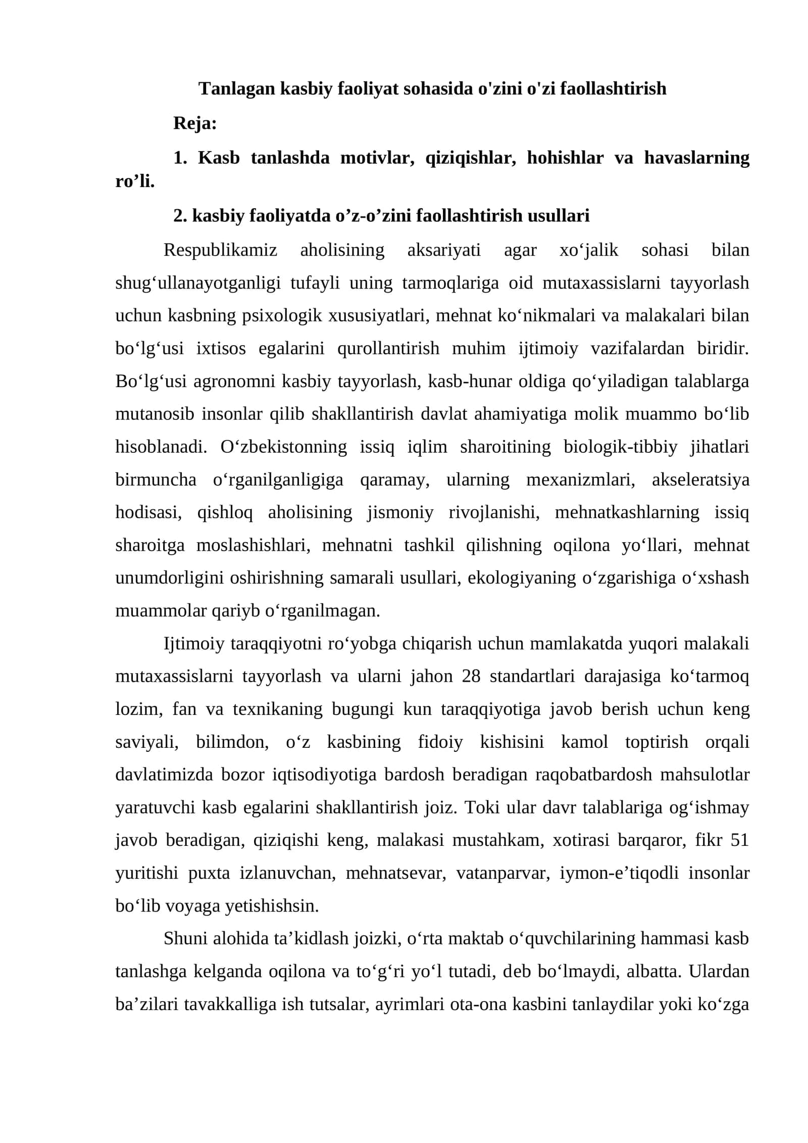 Kasbni tanlash motivlari va faollash usullari 1