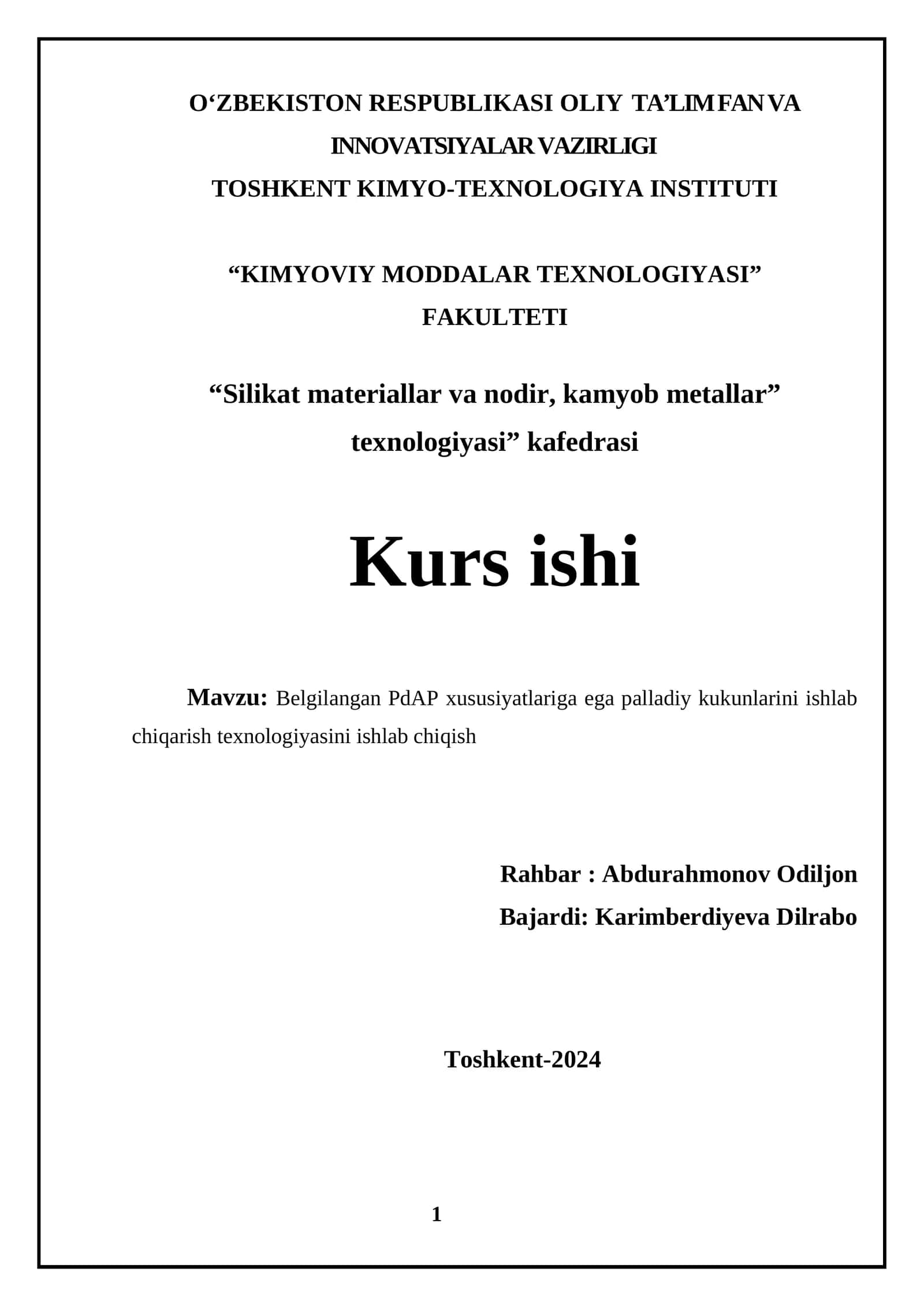Belgilangan PdAP xususiyatlariga ega palladiy kukunlarini ishlab chiqarish texnologiyasini ishlab chiqish 1