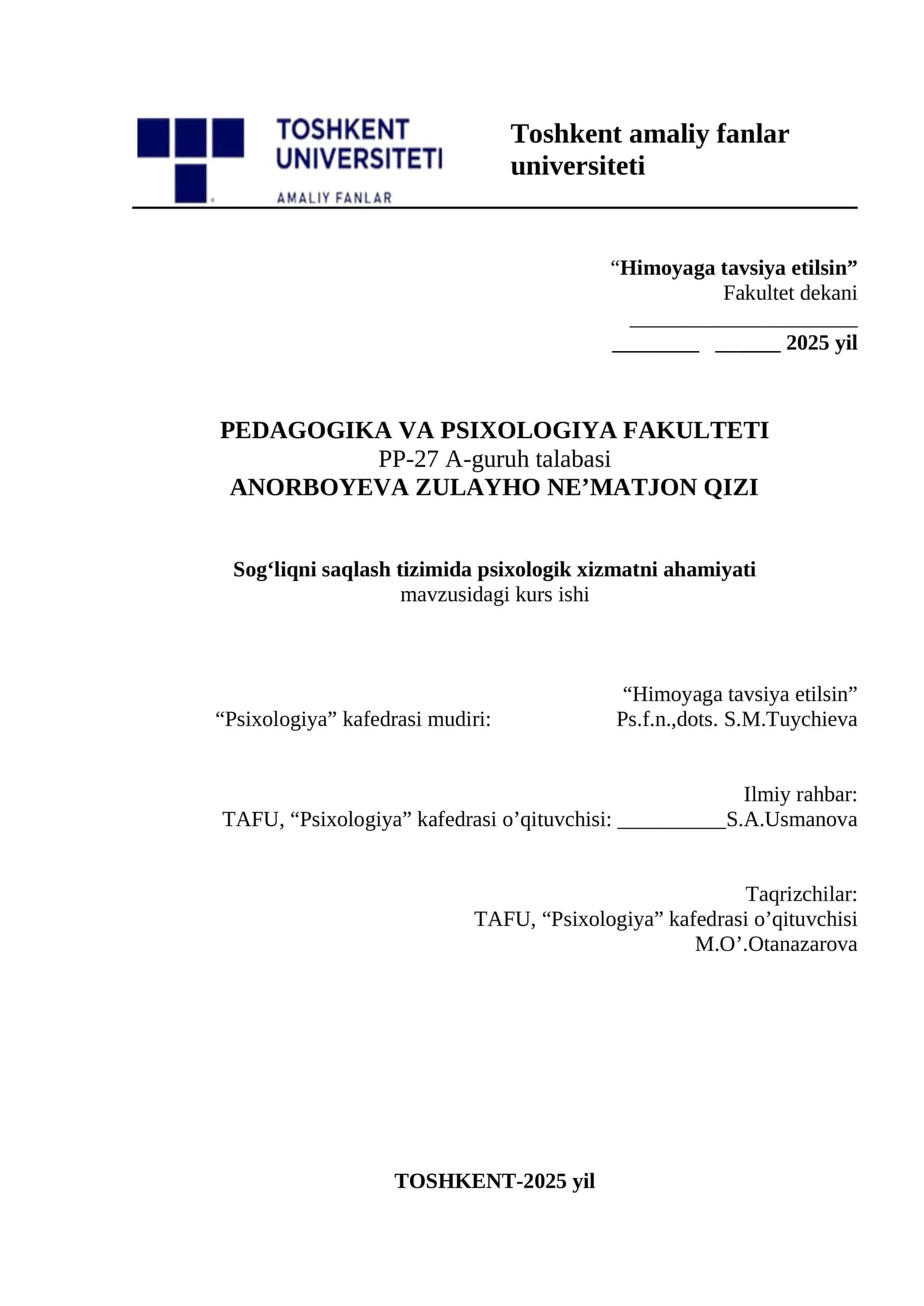 SOG‘LIQNI SAQLASH TIZIMIDA PSIXOLOGIK XIZMATNI 1