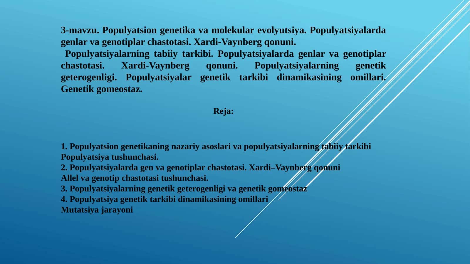 Populyatsion genetika va molekular evolyutsiya.Populyatsiyalarda genlar va genotiplar chastotasi. 1