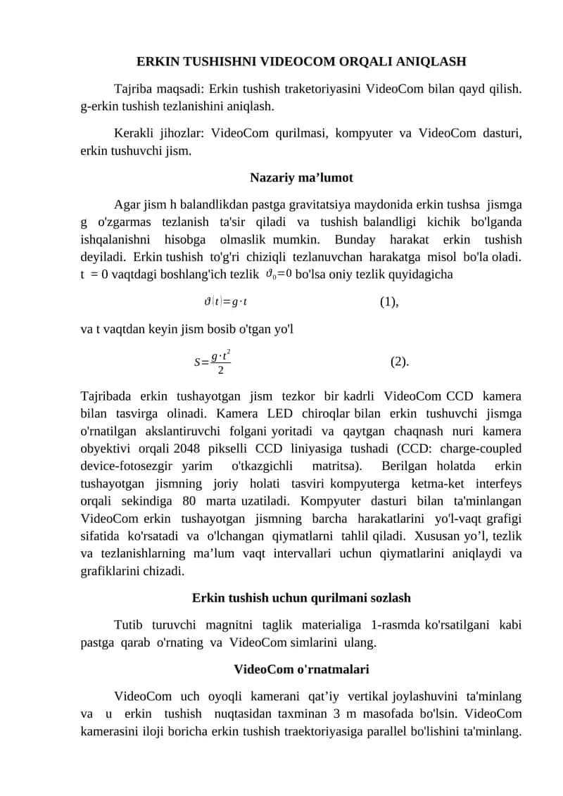 Erkin tushuvchi jismni VideoCom orqali aniqlash 1