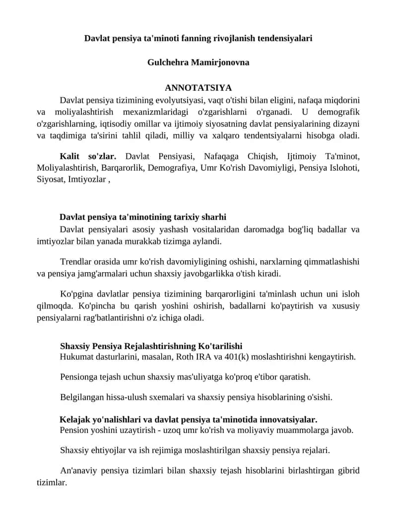 Davlat pensiya ta'minoti fanning rivojlanish tendensiyalari 1