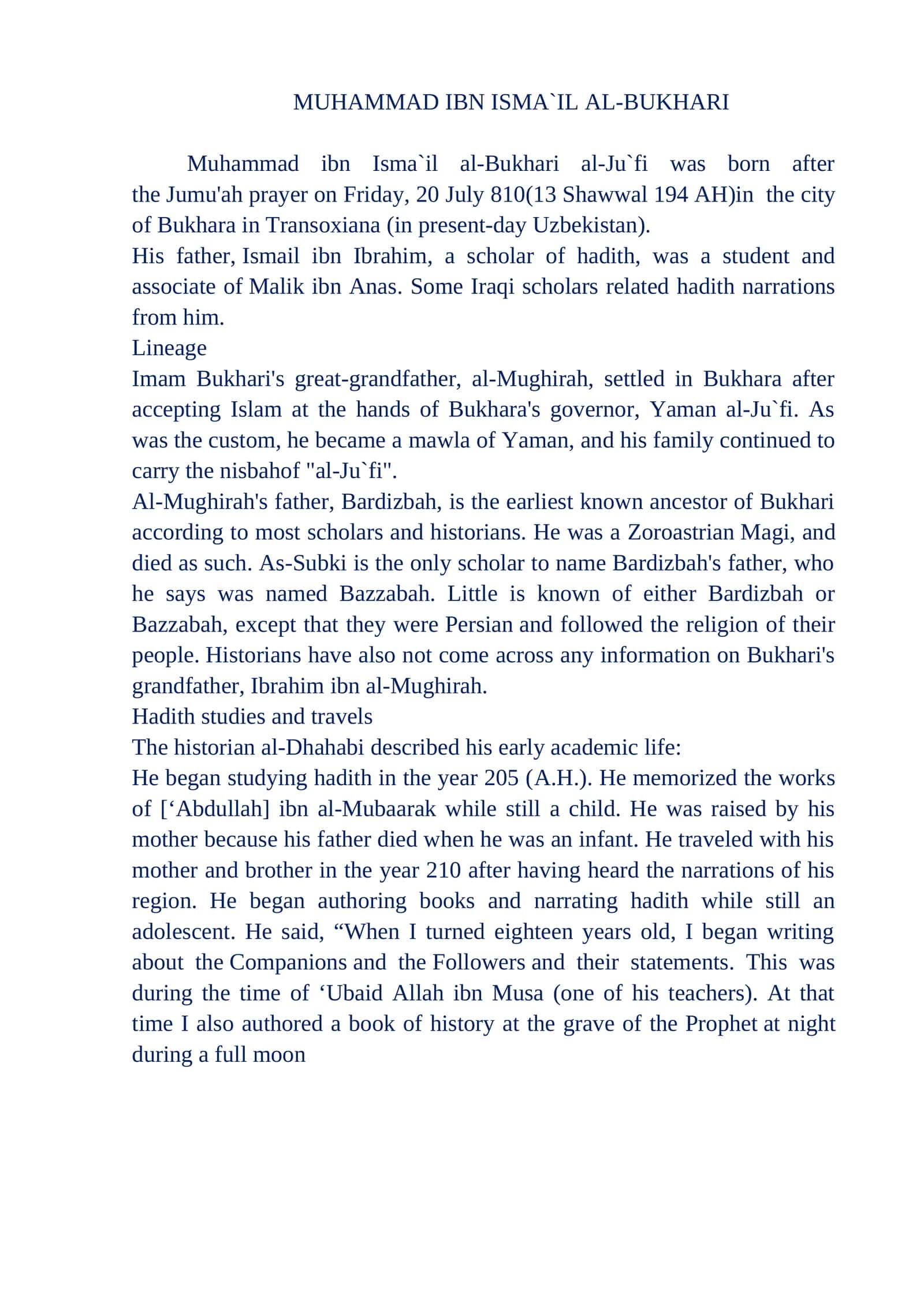 MUHAMMAD IBN ISMA`IL AL-BUKHARI 1