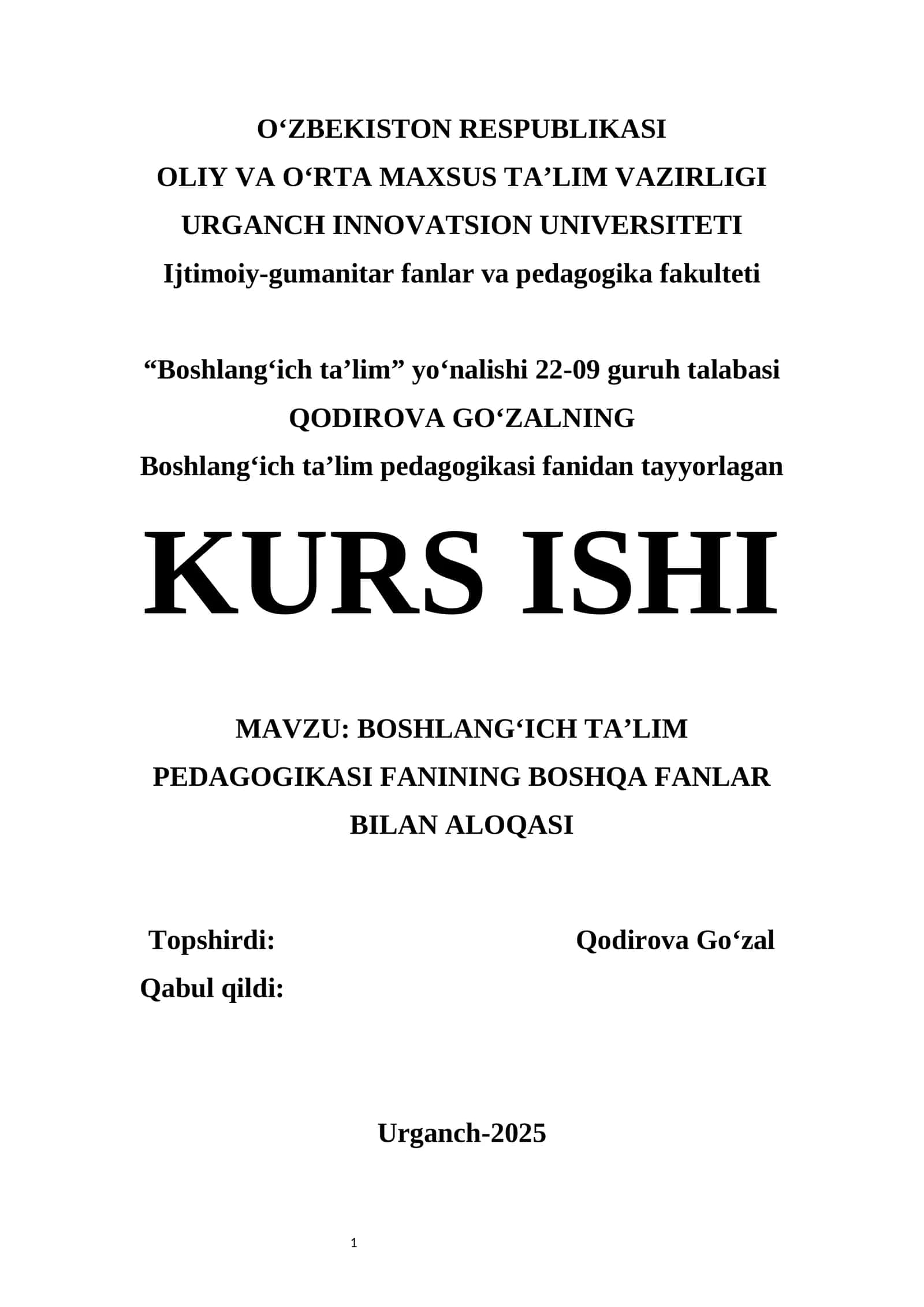 BOSHLANG‘ICH TA’LIM PEDAGOGIKASI FANINING BOSHQA FANLAR BILAN ALOQASI 1