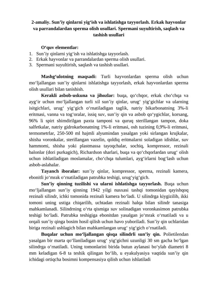 Sun’iy qinlarni yig‘ish va ishlatishga tayyorlash 1