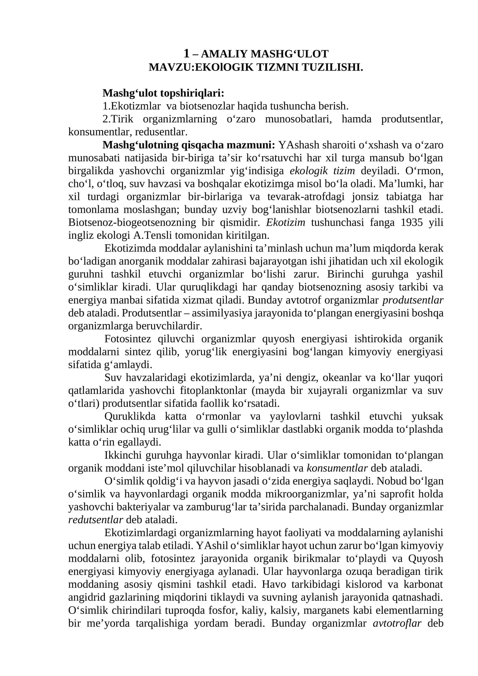 EKOlOGIK TIZMNI TUZILISHI 1