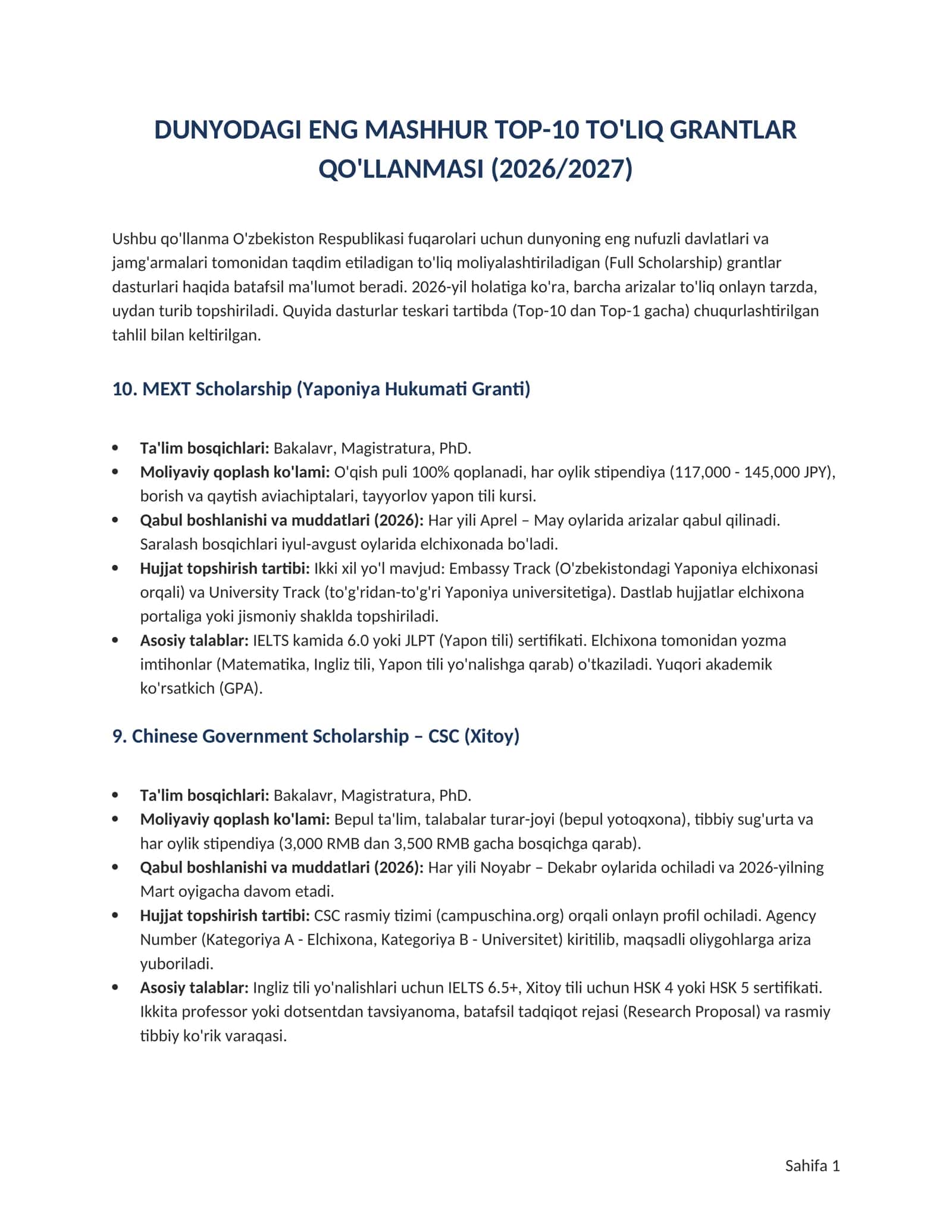 2026-yilda O‘zbekistondan turib yutsa bo‘ladigan TOP-10 To‘liq Grant! 1