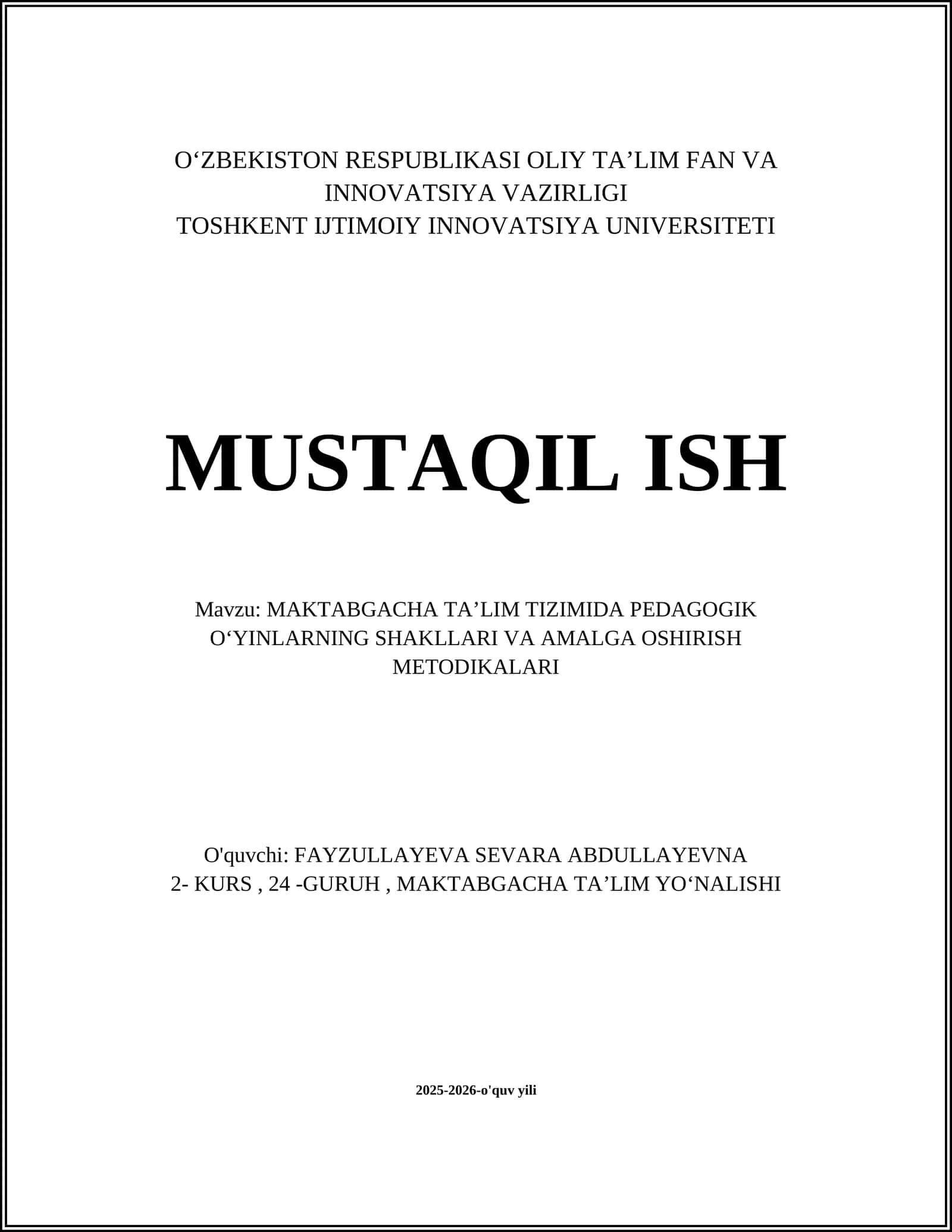 MAKTABGACHA TA’LIM TIZIMIDA PEDAGOGIK OʻYINLARNING SHAKLLARI VA AMALGA OSHIRISH METODIKALARI 1