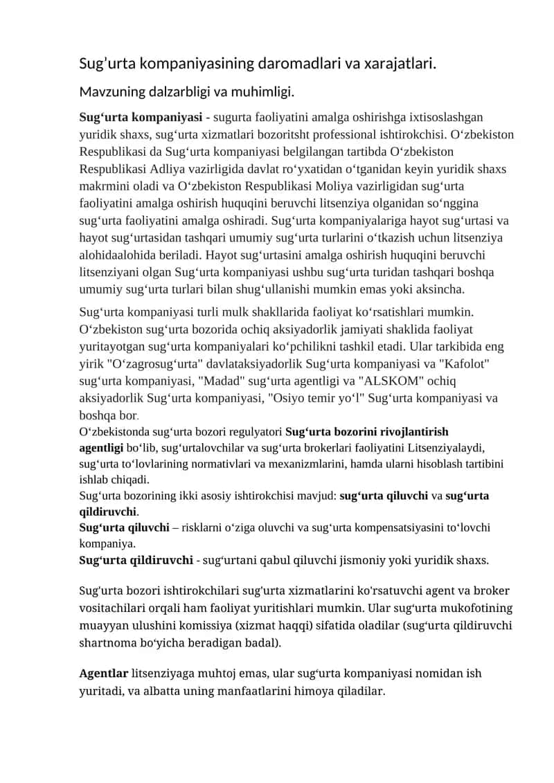Sug’urta kompaniyasining daromadlari va xarajatlari 1