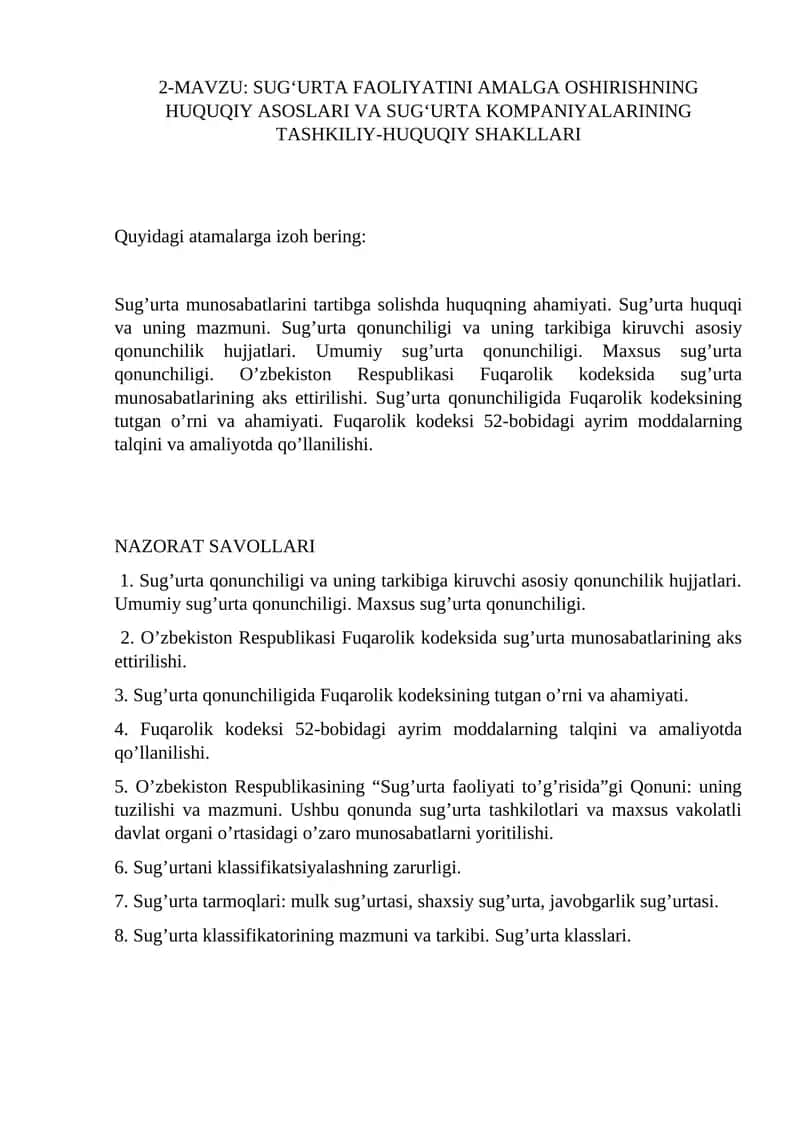 SUG‘URTA FAOLIYATINI AMALGA OSHIRISHNING HUQUQIY ASOSLARI VA SUG‘URTA KOMPANIYALARINING TASHKILIY-HUQUQIY SHAKLLARI 1