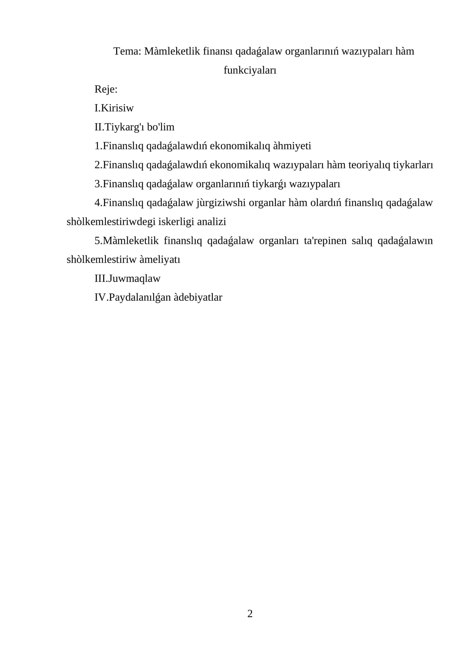 Màmleketlik finansı qadaǵalaw organlarınıń wazıypaları hàm funkciyaları 1