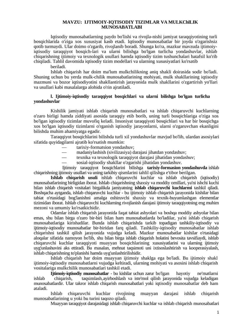 IJTIMOIY-IQTISODIY TIZIMLAR VA MULKChlLIK MUNOSABATLABI 1