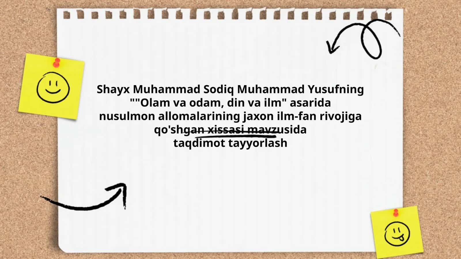Shayx Muhammad Sodiq Muhammad Yusufning ""Olam va odam, din va ilm" asarida nusulmon allomalarining jaxon ilm-fan rivojiga qo'shgan xissasi mavzusida taqdimot tayyorlash 1