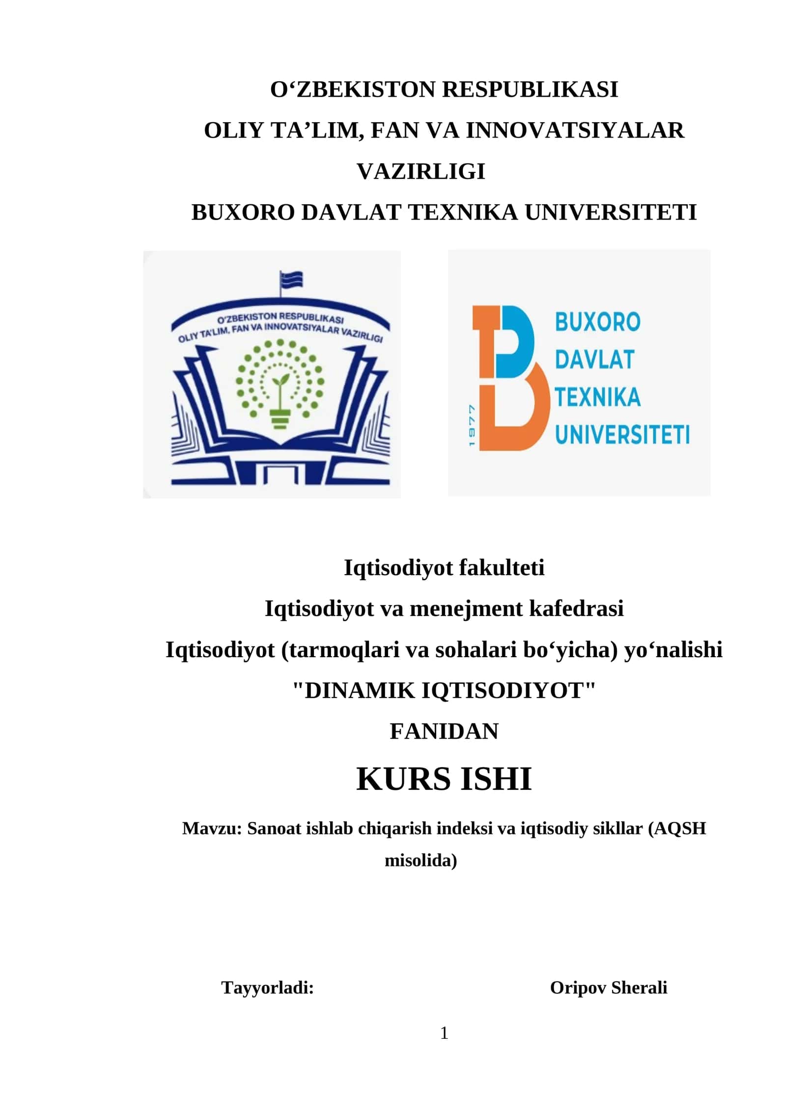 "DINAMIK IQTISODIYOT" FANIDAN KURS ISHI 1